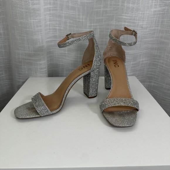 INC Silver Crystal Rhinestone Block Heel Two-Piece Sandals 9 - Picture 5 of 14